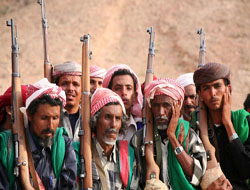 Yemenis belonging to the Bagefer tribe attend a wedding ceremony at Wadi Lesser in Hadramout
