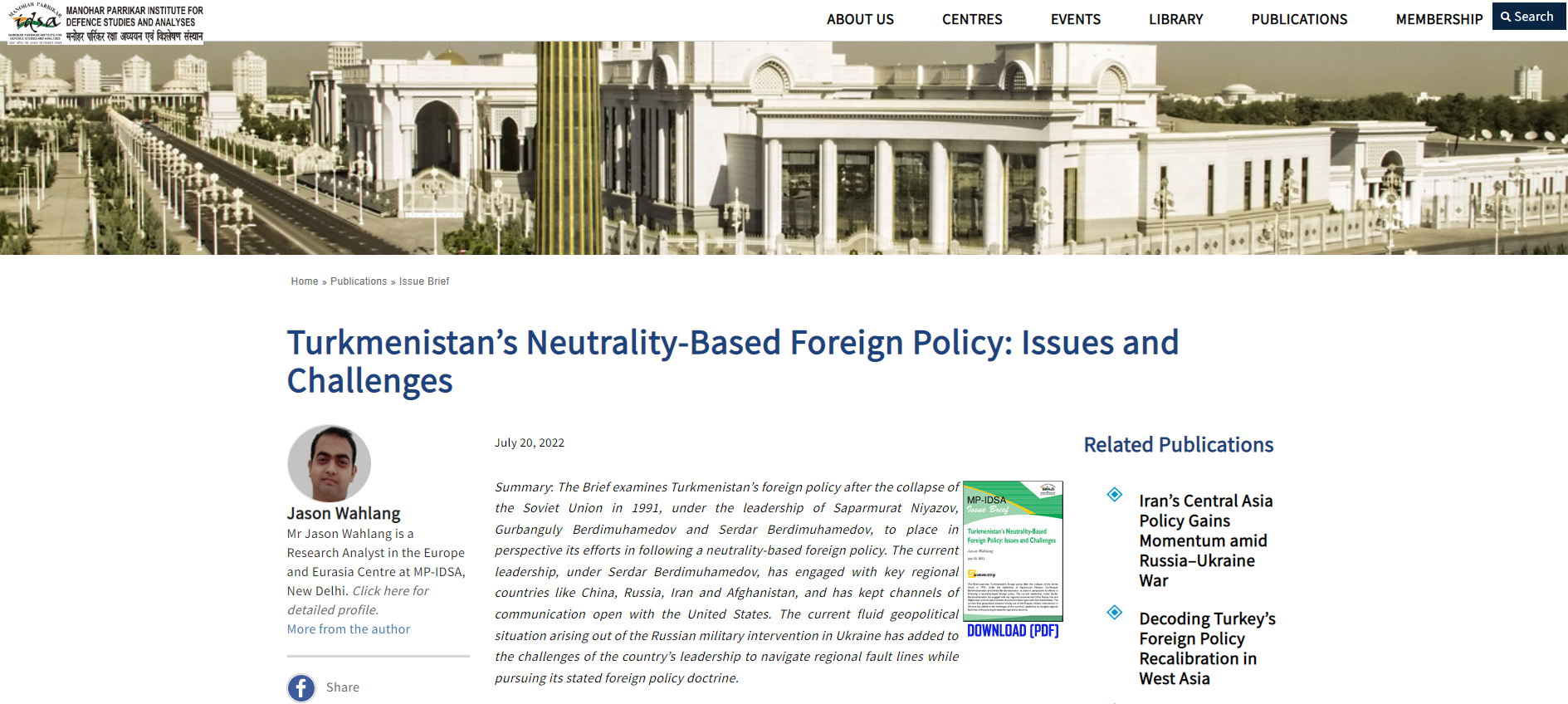 Hindistan’ın Önde Gelen Düşünce Kuruluşlarından MP-IDSA, ANKASAM Başkanı Prof. Dr. Mehmet Seyfettin Erol’un “Türkmenistan Dış Politikası ve Bağımsızlığının 30. Yıldönümünde Daimî Tarafsızlık Statüsü” Başlıklı Yazısına Atıf Yaptı