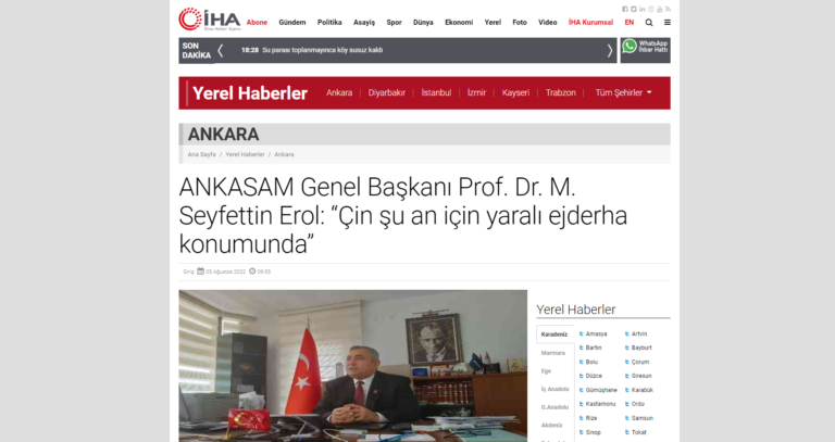 ANKASAM Başkanı Prof. Dr. Mehmet Seyfettin Erol: Tayvan Krizi nedeniyle Çin, saldırgan ama saldırma kabiliyetinden yoksun durumda.