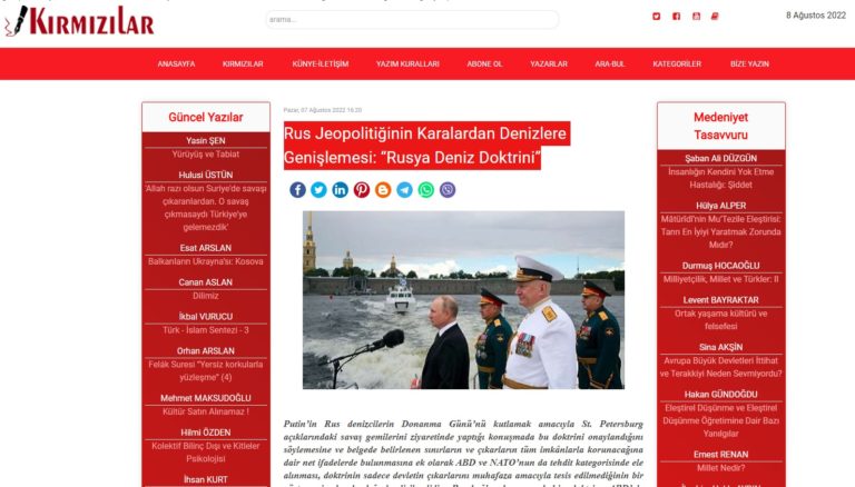 ANKASAM Uluslararası İlişkiler Danışmanı Dr. Kadir Ertaç Çelik’in Kaleme Aldığı Rus Jeopolitiğinin Karalardan Denizlere Genişlemesi: “Rusya Deniz Doktrini” başlıklı yazısı Kırmızılar.com’da Paylaşıldı