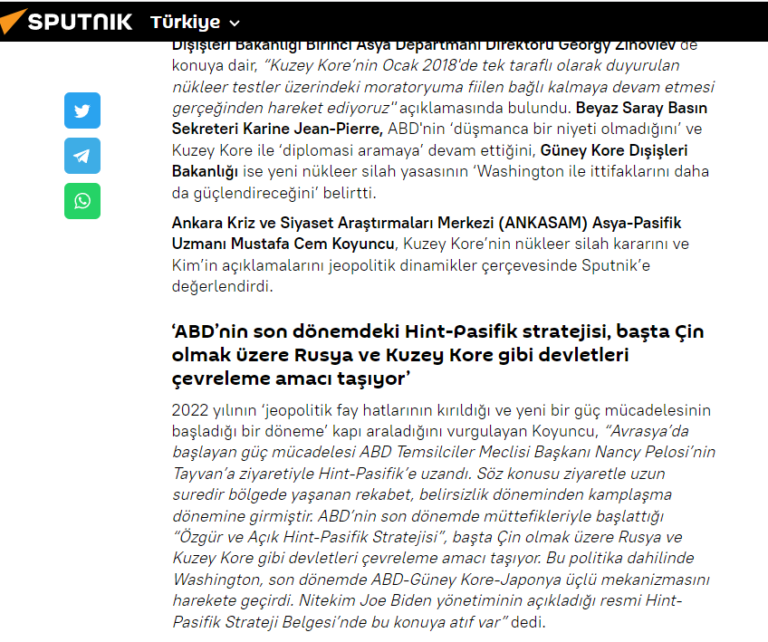 ANKASAM Asya-Pasifik Araştırma Asistanı Mustafa Cem Koyuncu: Kuzey Kore, nükleer saldırıları başlatma yetkisi veren bir yasa çıkartarak ABD, Güney Kore ve Japonya’ya cevap verdi.