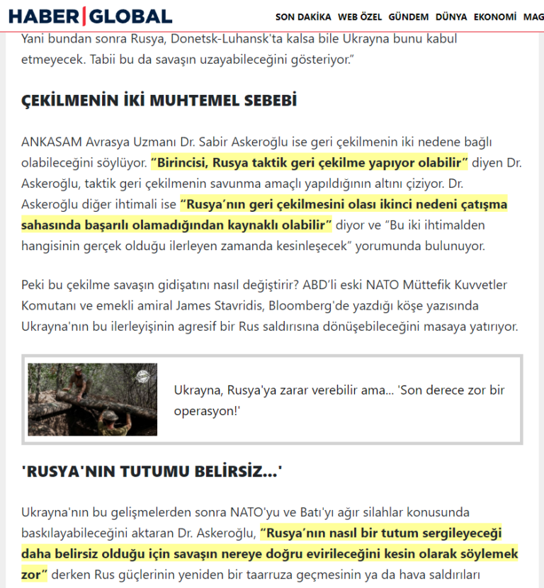 ANKASAM Avrasya Uzmanı Dr. Sabir Askeroğlu: Rusya Geri Çekilme Taktiği Yapıyor Olabilir