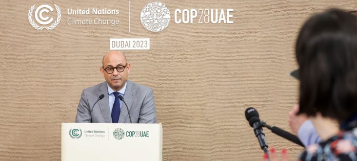Simon Stiell, UNFCCC Executive Secretary speaks to reporters at the UN Climate Change Conference, COP28, at Expo City in Dubai, United Arab Emirates.