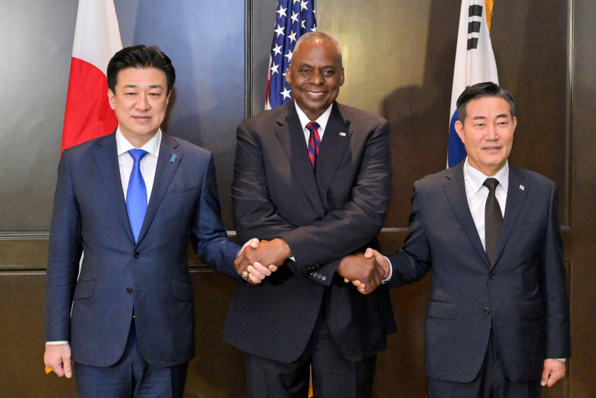 Japanese Defense Minister Minoru Kihara, U.S. Defense Secretary Lloyd Austin and South Korean Defence Minister Shin Won-sik attend a trilateral meeting on sidelines of the Shangri-la Dialogue in Singapore